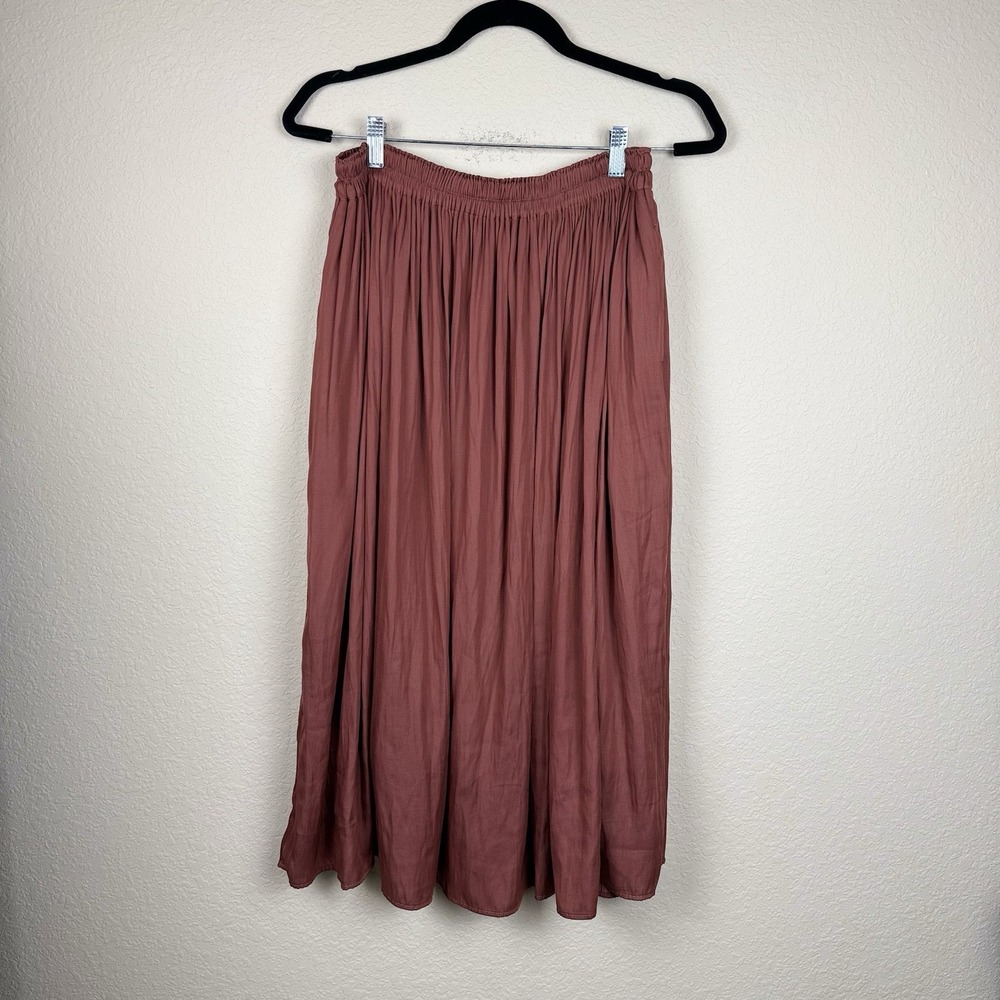 Uniqlo Satin Pleated Burnt Orange Midi/Maxi Skirt Sz M Pull On Pockets Boho